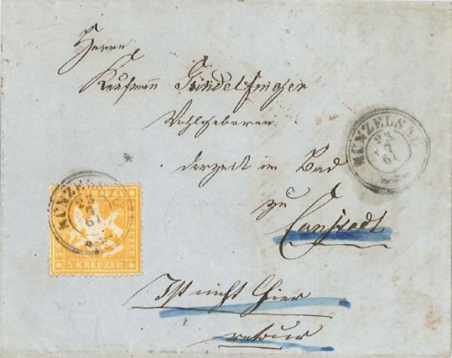 Vorliegender Brief wurde frankiert mit einer Mi.Nr. 17 xa, 3 Kreuzer gelborange und lief am 23.7.1861 von Künzelsau nach Cannstatt. Der Brief war nicht zustellbar, er erhielt den Vermerk „Ist nicht hier, retour“. Vorliegender Brief wurde frankiert mit einer Mi.Nr. 17 xa, 3 Kreuzer gelborange und lief am 23.7.1861 von Künzelsau nach Cannstatt. Der Brief war nicht zustellbar, er erhielt den Vermerk „Ist nicht hier, retour“.